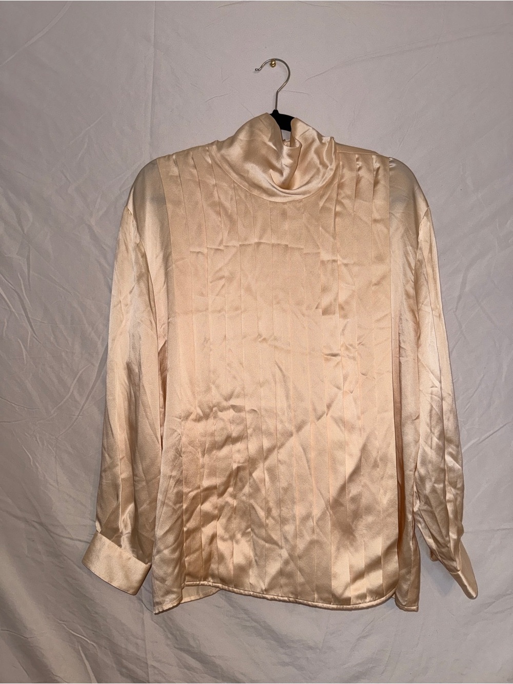 Vintage Preston & York 100% Silk Blouse Pleated Mock Neck Champagne Size 16